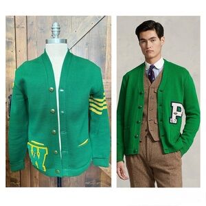 VINTAGE 50/60s Octonek Green & Yellow Letterman’s Jacket 100% Wool Golf Men’s L